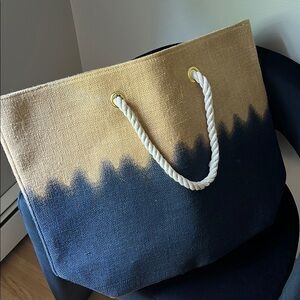 Tan and Black Canvas Beach Tote Bag with Rope Handles